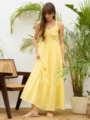 Women Yellow Sweatheart Neck Strappy Maxi Dress-SFDRSS13214