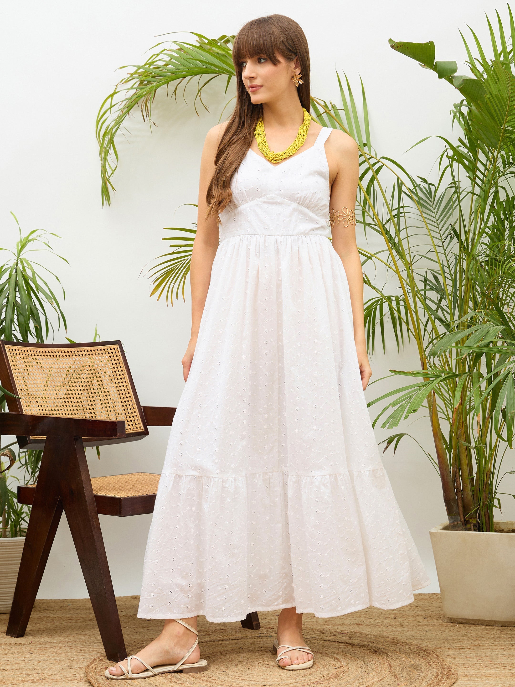 Women White Sweatheart Neck Strappy Maxi Dress-SFDRSS13215
