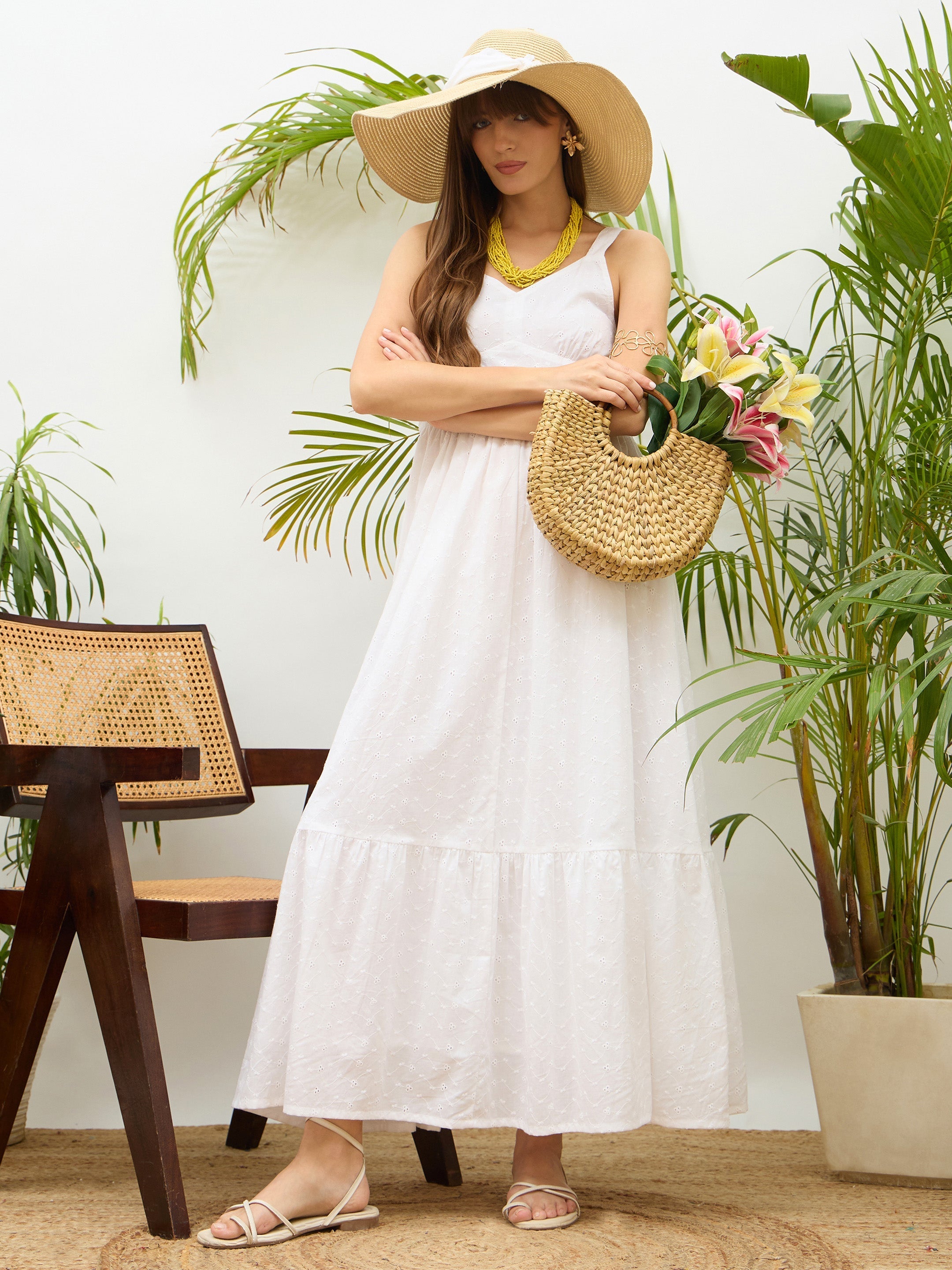 Women White Sweatheart Neck Strappy Maxi Dress-SFDRSS13215