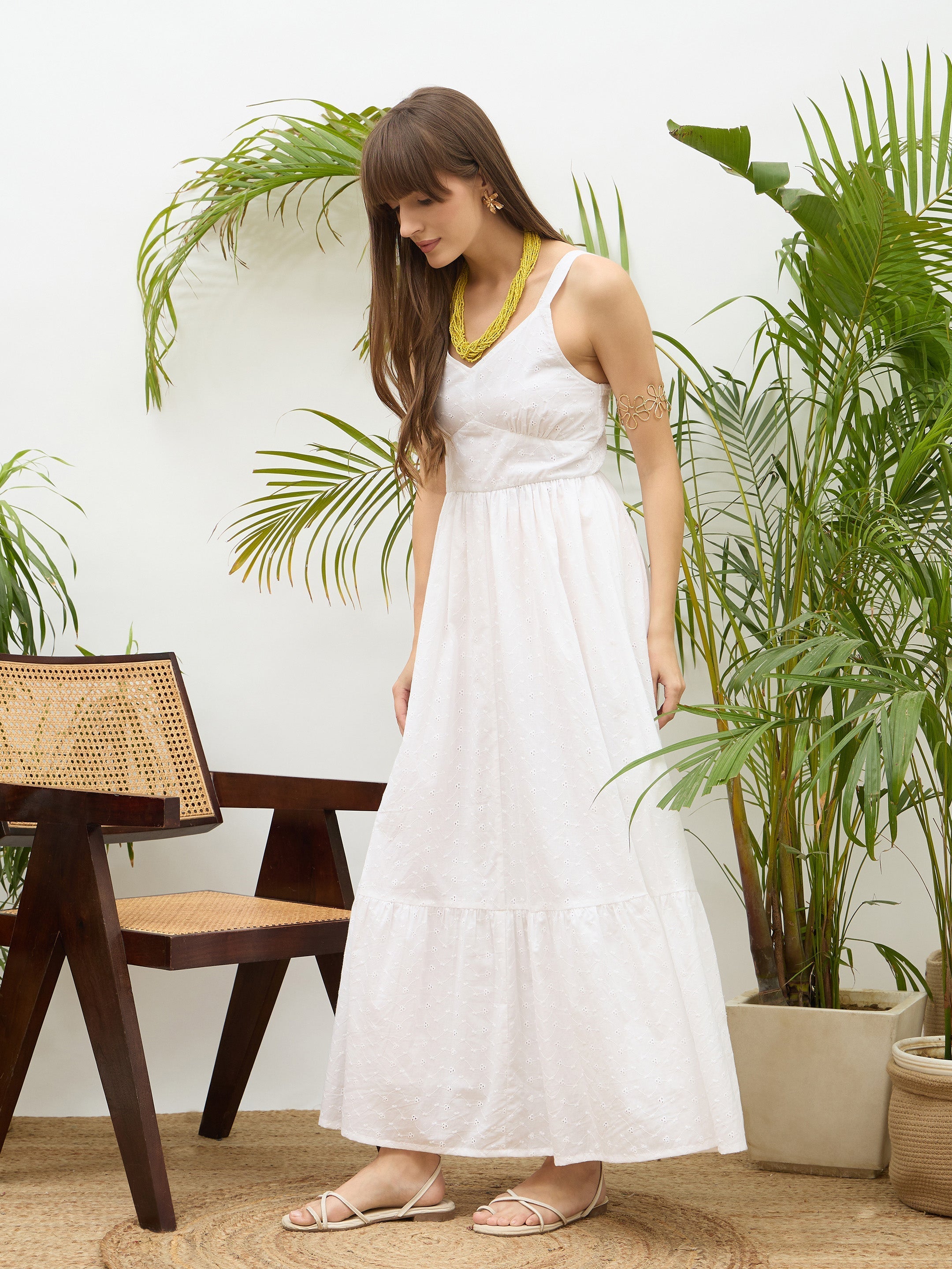 Women White Sweatheart Neck Strappy Maxi Dress-SFDRSS13215