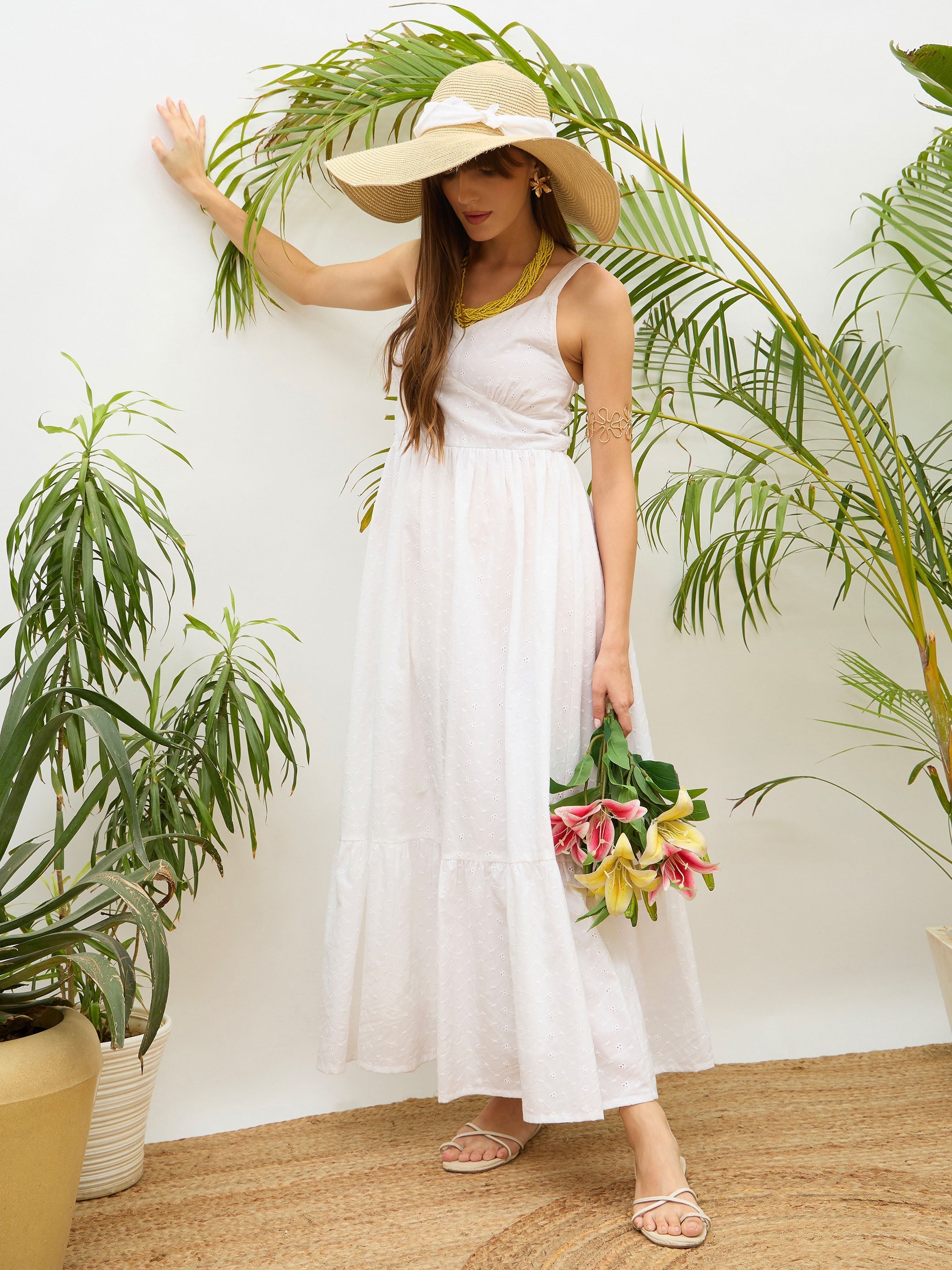Women White Sweatheart Neck Strappy Maxi Dress-SFDRSS13215