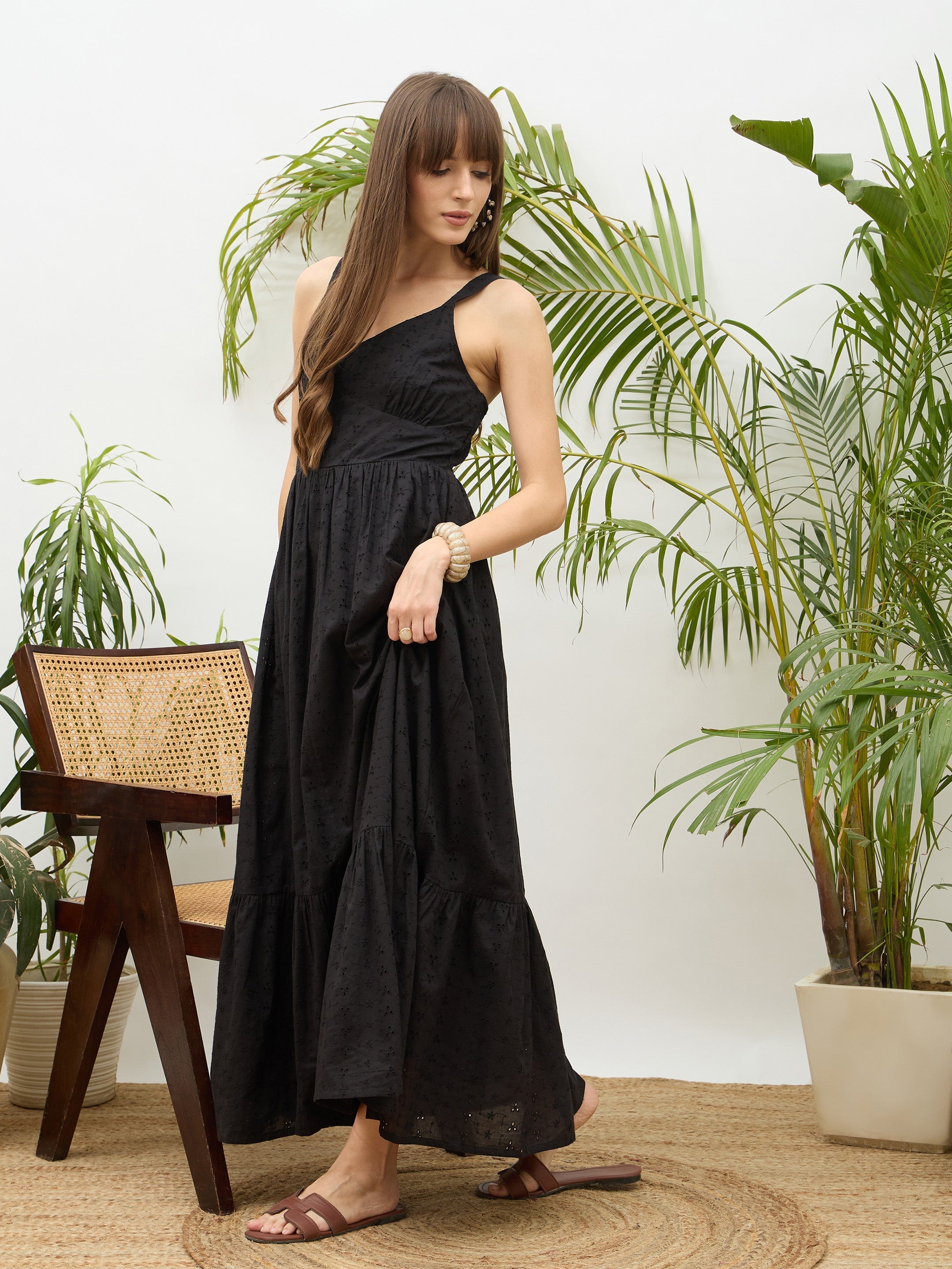 Women Black Sweatheart Neck Strappy Maxi Dress-SFDRSS13216