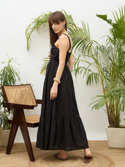 Women Black Sweatheart Neck Strappy Maxi Dress-SFDRSS13216