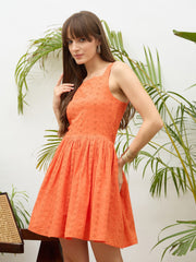 Women Orange Square Neck Strappy Short Dress-SFDRSS13217