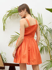 Women Orange Square Neck Strappy Short Dress-SFDRSS13217