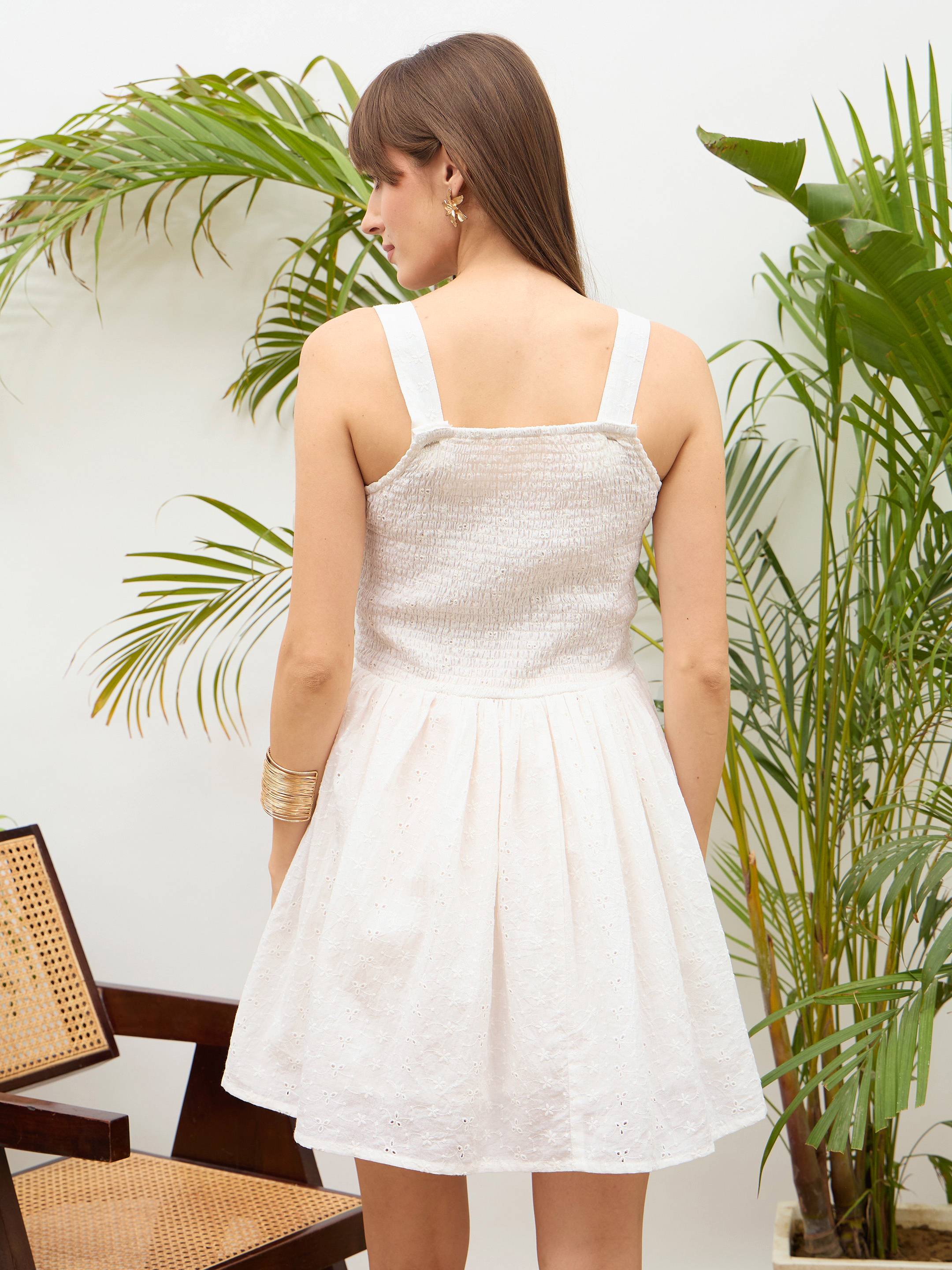 Women White Square Neck Strappy Short Dress-SFDRSS13218