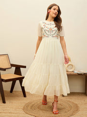 Women White Solid Tiered Maxi Dress-SFDRSS13233