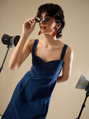 Women Navy Denim Strappy A-Line Midi Dress-SFDRSS13234