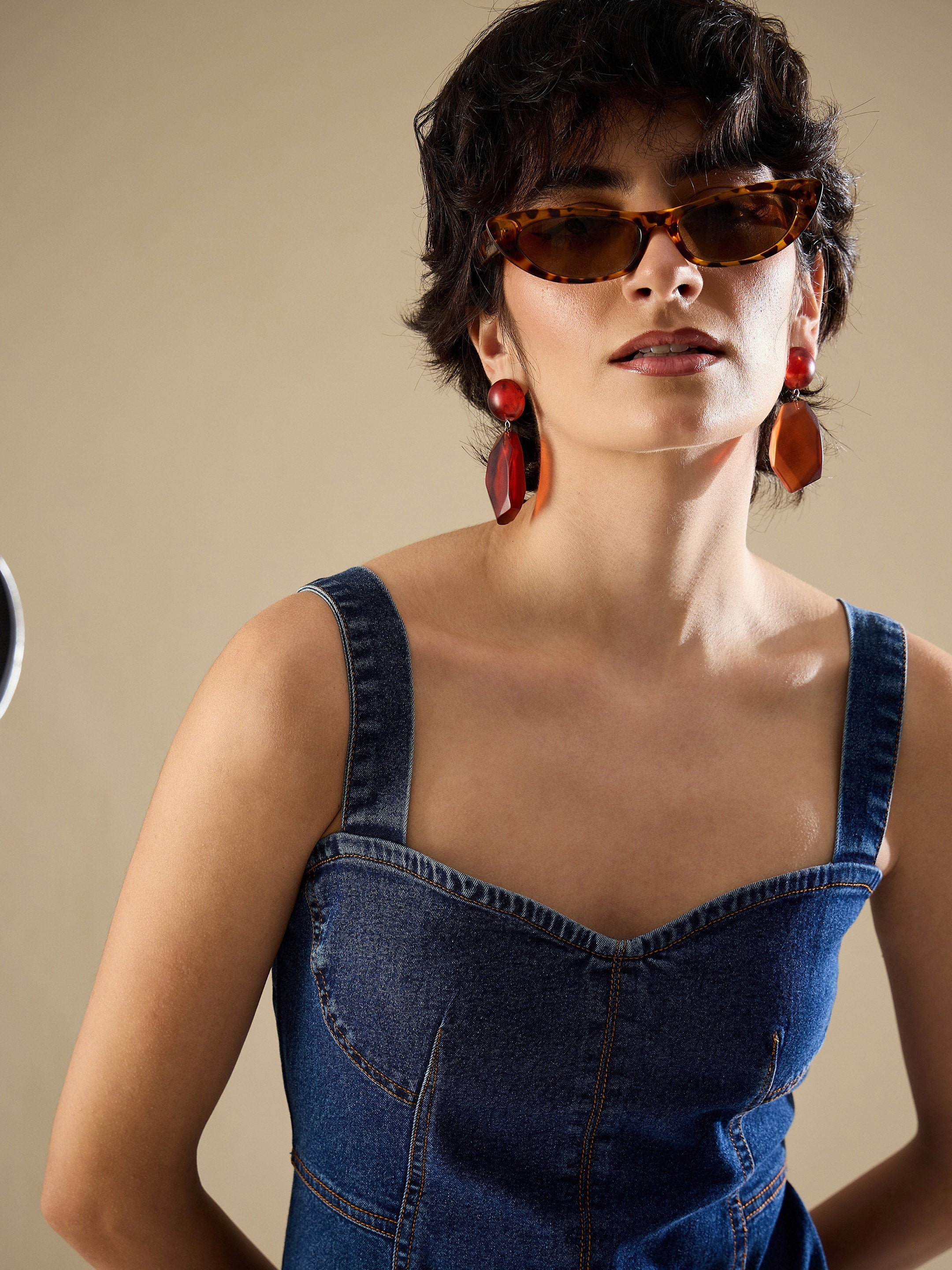 Women Navy Denim Strappy A-Line Midi Dress-SFDRSS13234