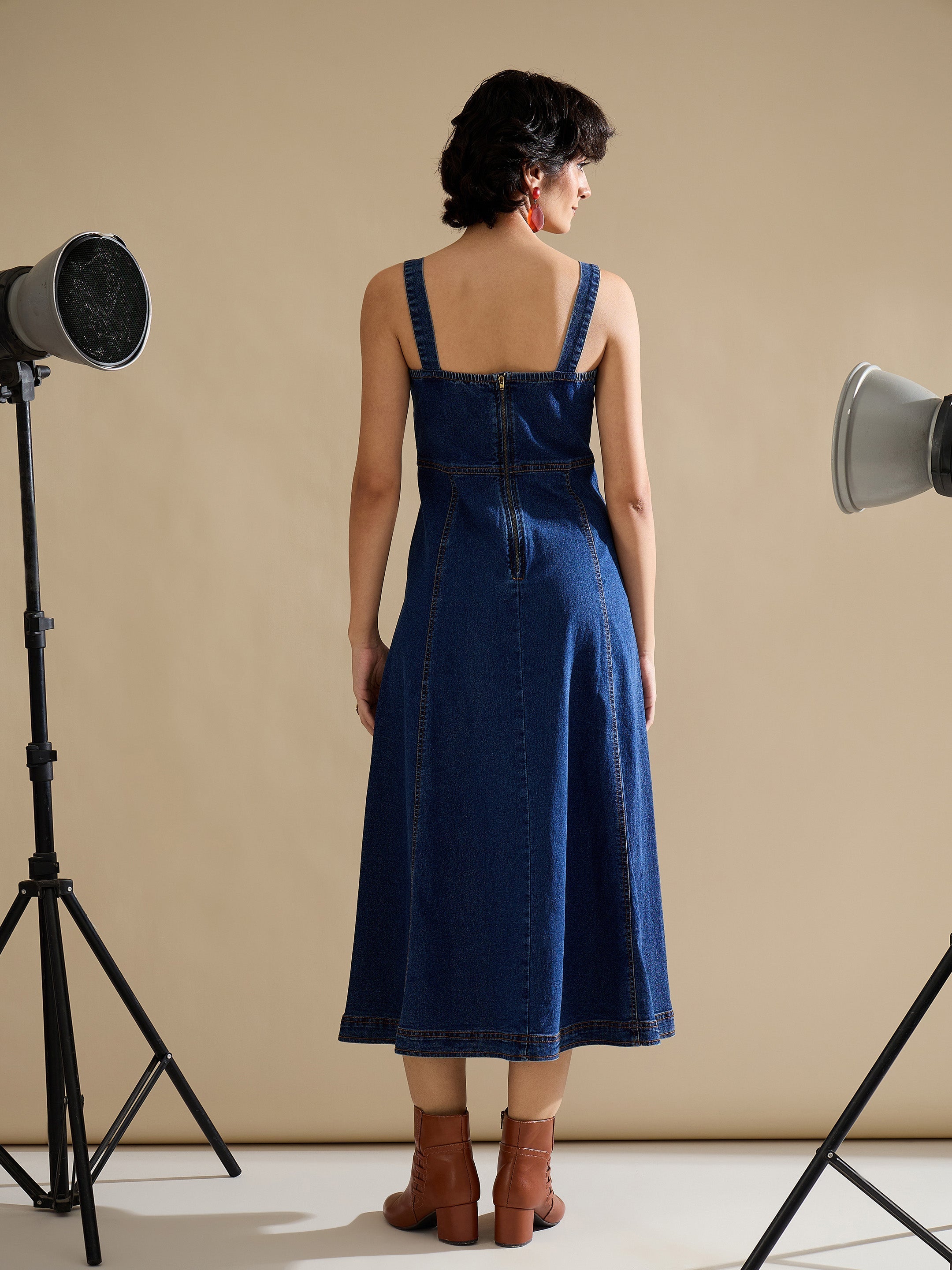 Women Navy Denim Strappy A-Line Midi Dress-SFDRSS13234