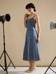 Women Blue Wash Denim Strappy A-Line Midi Dress-SFDRSS13235