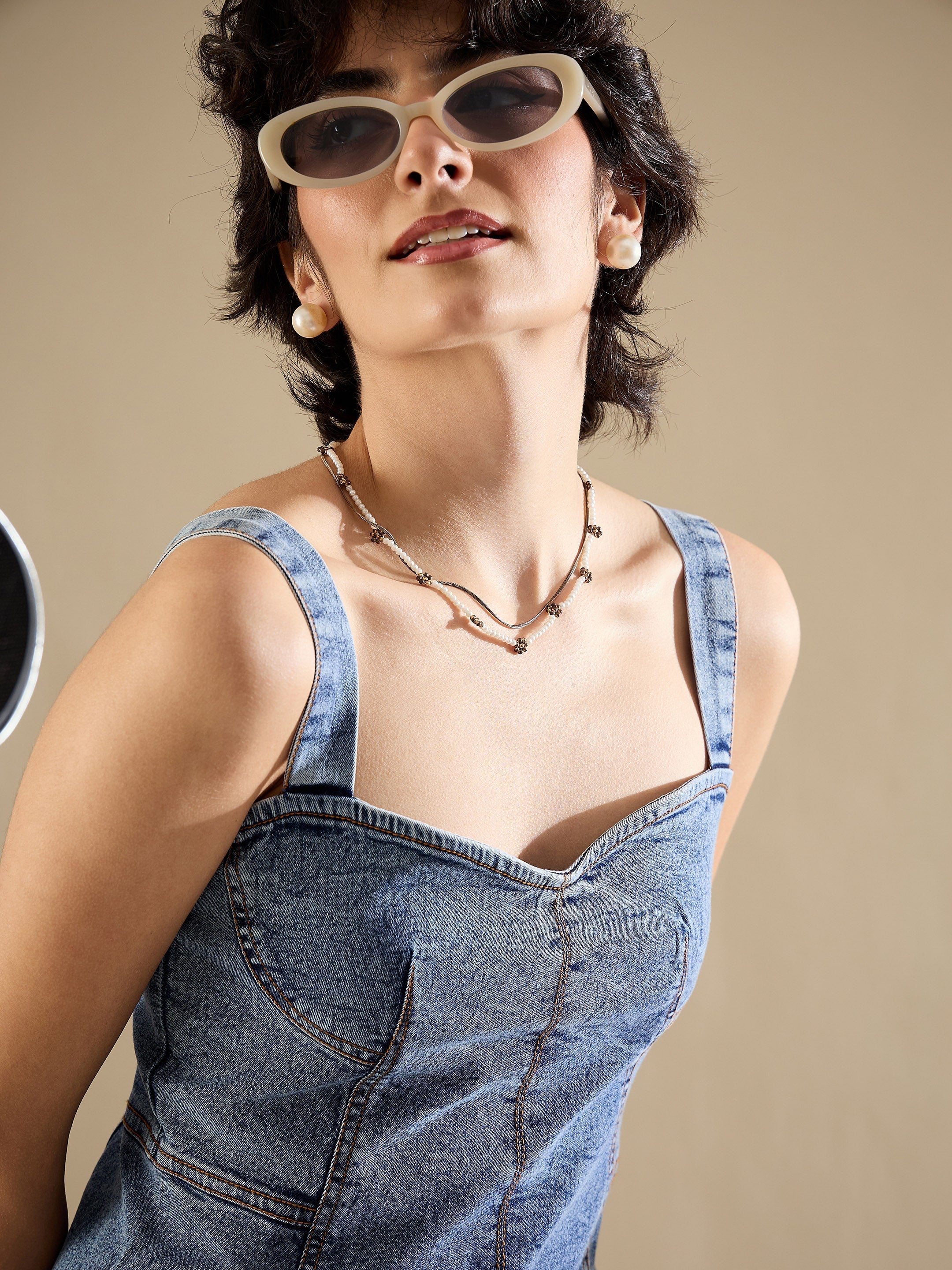 Women Blue Wash Denim Strappy A-Line Midi Dress-SFDRSS13235