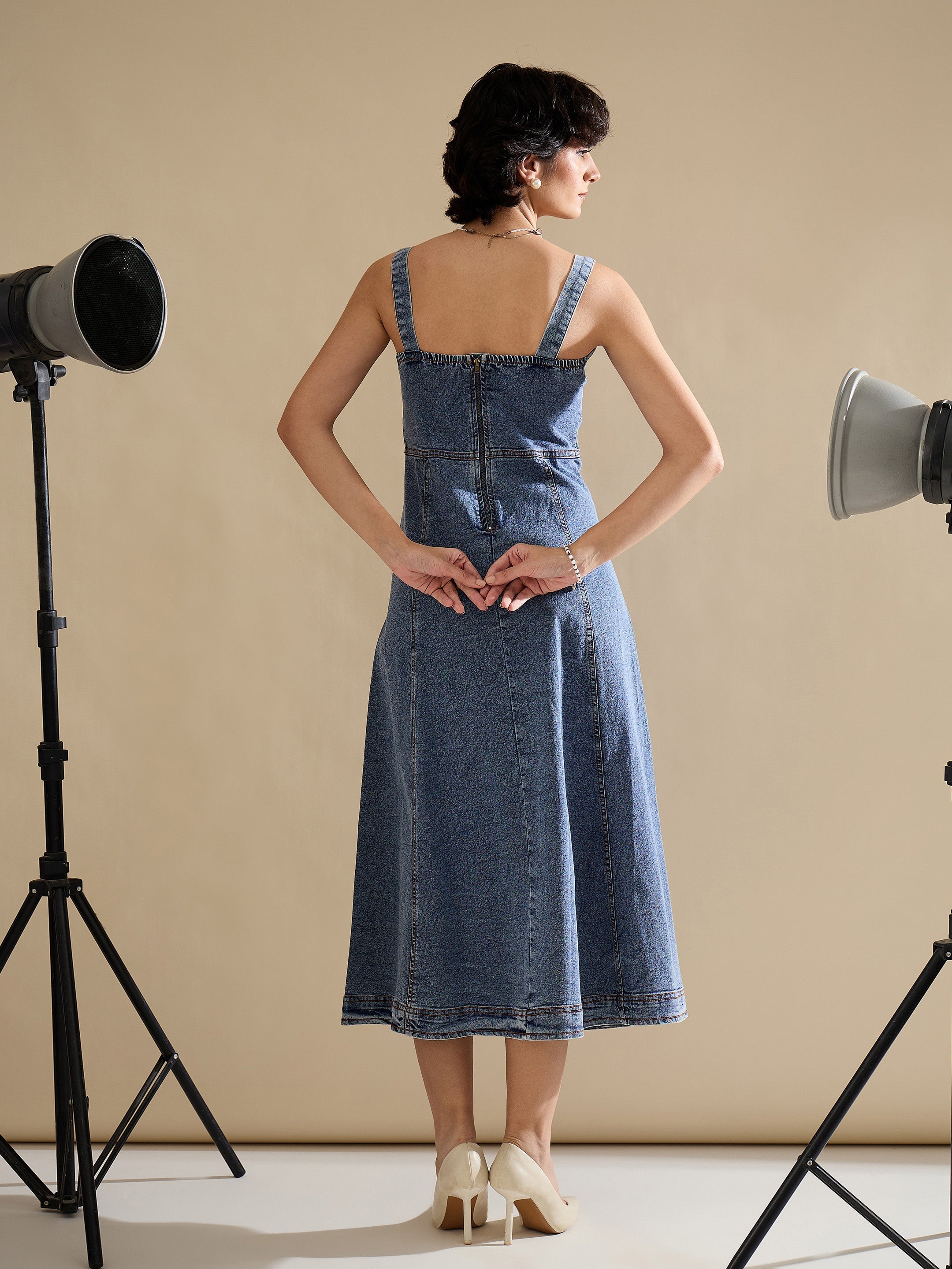 Women Blue Wash Denim Strappy A-Line Midi Dress-SFDRSS13235