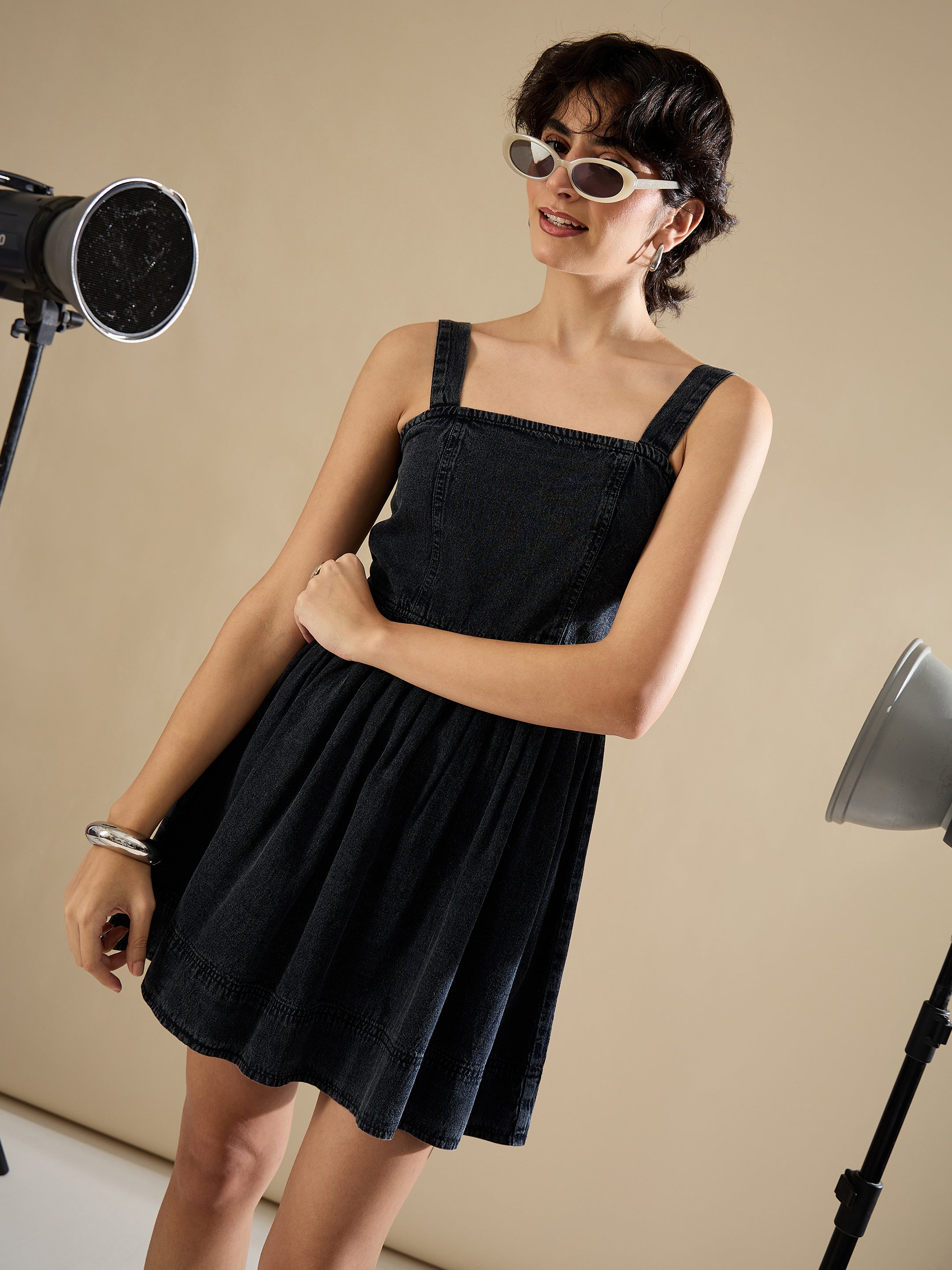 Women Black Wash Denim Strappy Short Dress-SFDRSS13237