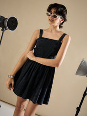 Women Black Wash Denim Strappy Short Dress-SFDRSS13237