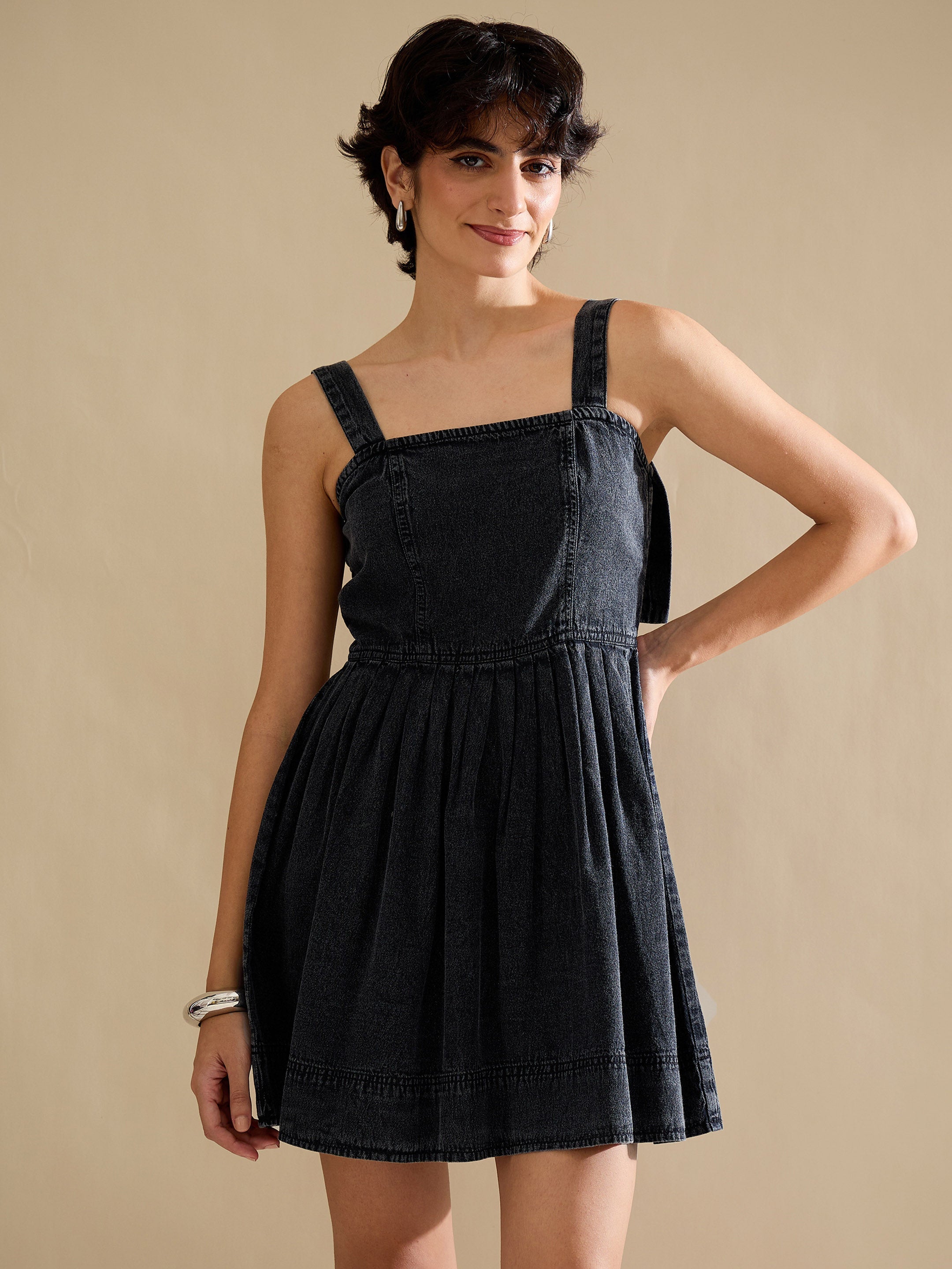 Women Black Wash Denim Strappy Short Dress-SFDRSS13237