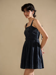 Women Black Wash Denim Strappy Short Dress-SFDRSS13237