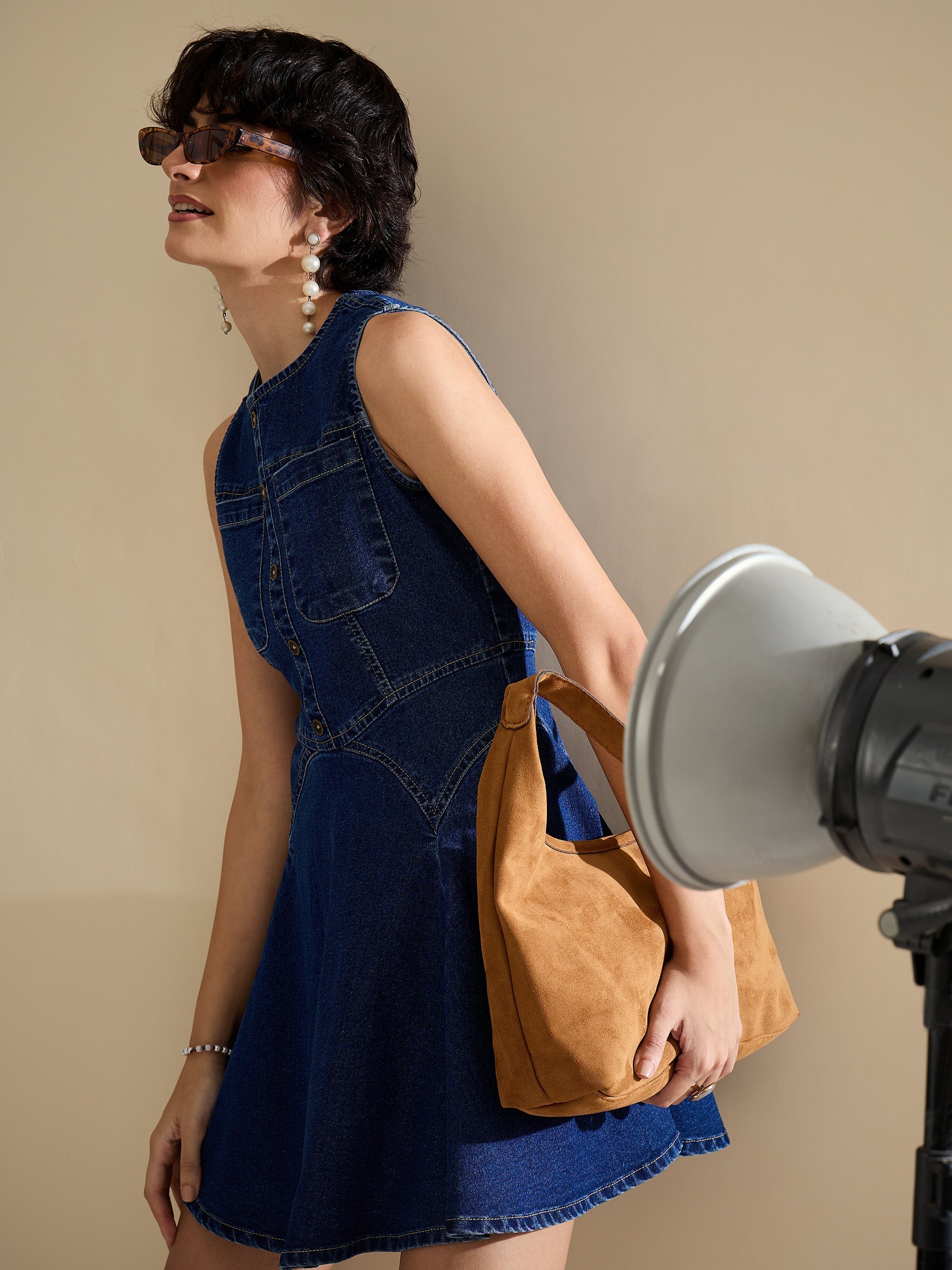 Women Navy Denim Round Neck Short Dress-SFDRSS13238