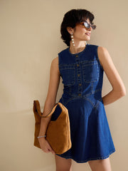 Women Navy Denim Round Neck Short Dress-SFDRSS13238