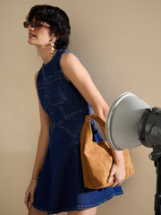 Women Navy Denim Round Neck Short Dress-SFDRSS13238