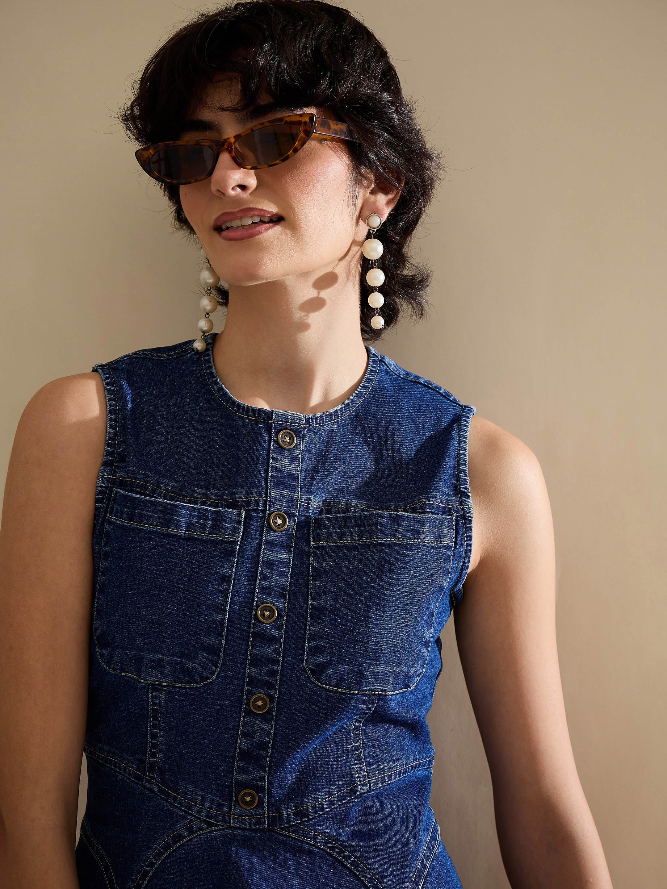 Women Navy Denim Round Neck Short Dress-SFDRSS13238