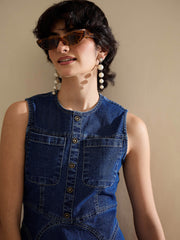Women Navy Denim Round Neck Short Dress-SFDRSS13238