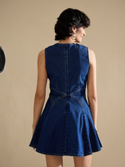 Women Navy Denim Round Neck Short Dress-SFDRSS13238