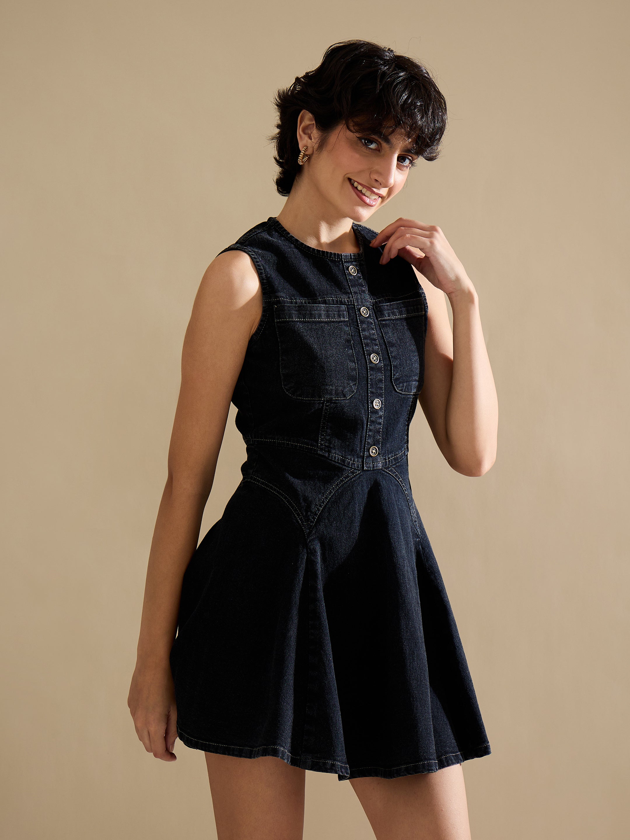 Women Black Denim Round Neck Short Dress-SFDRSS13239
