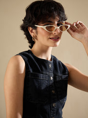 Women Black Denim Round Neck Short Dress-SFDRSS13239