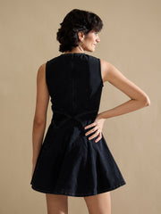 Women Black Denim Round Neck Short Dress-SFDRSS13239