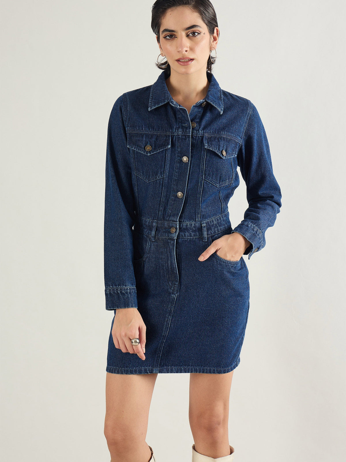 Women Blue Washed Denim Flap Pocket Short Dress-SFDRSS13240