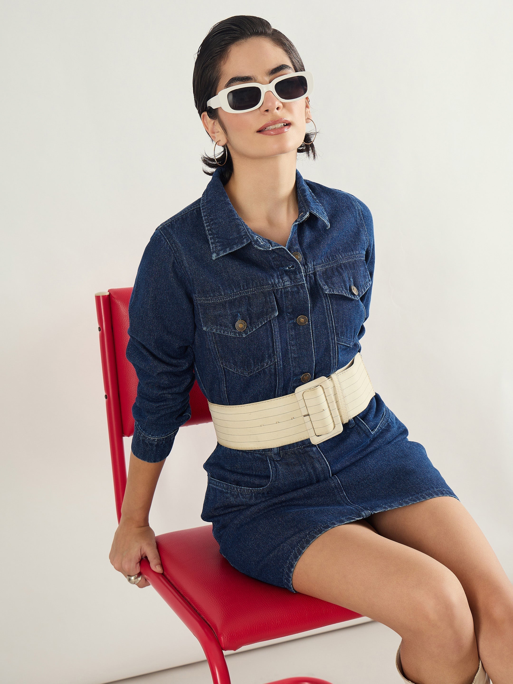 Women Blue Washed Denim Flap Pocket Short Dress-SFDRSS13240