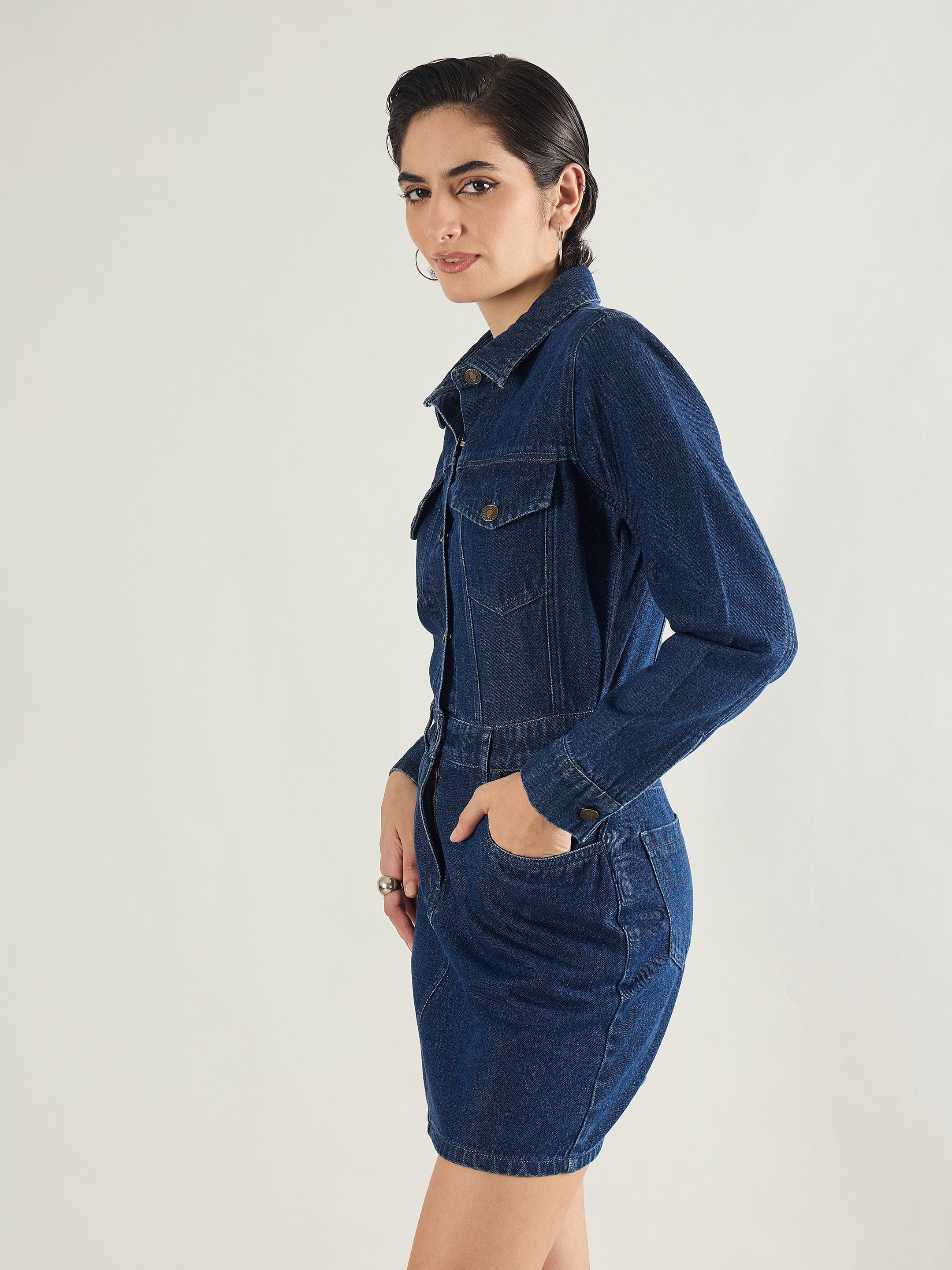 Women Blue Washed Denim Flap Pocket Short Dress-SFDRSS13240