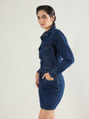Women Blue Washed Denim Flap Pocket Short Dress-SFDRSS13240