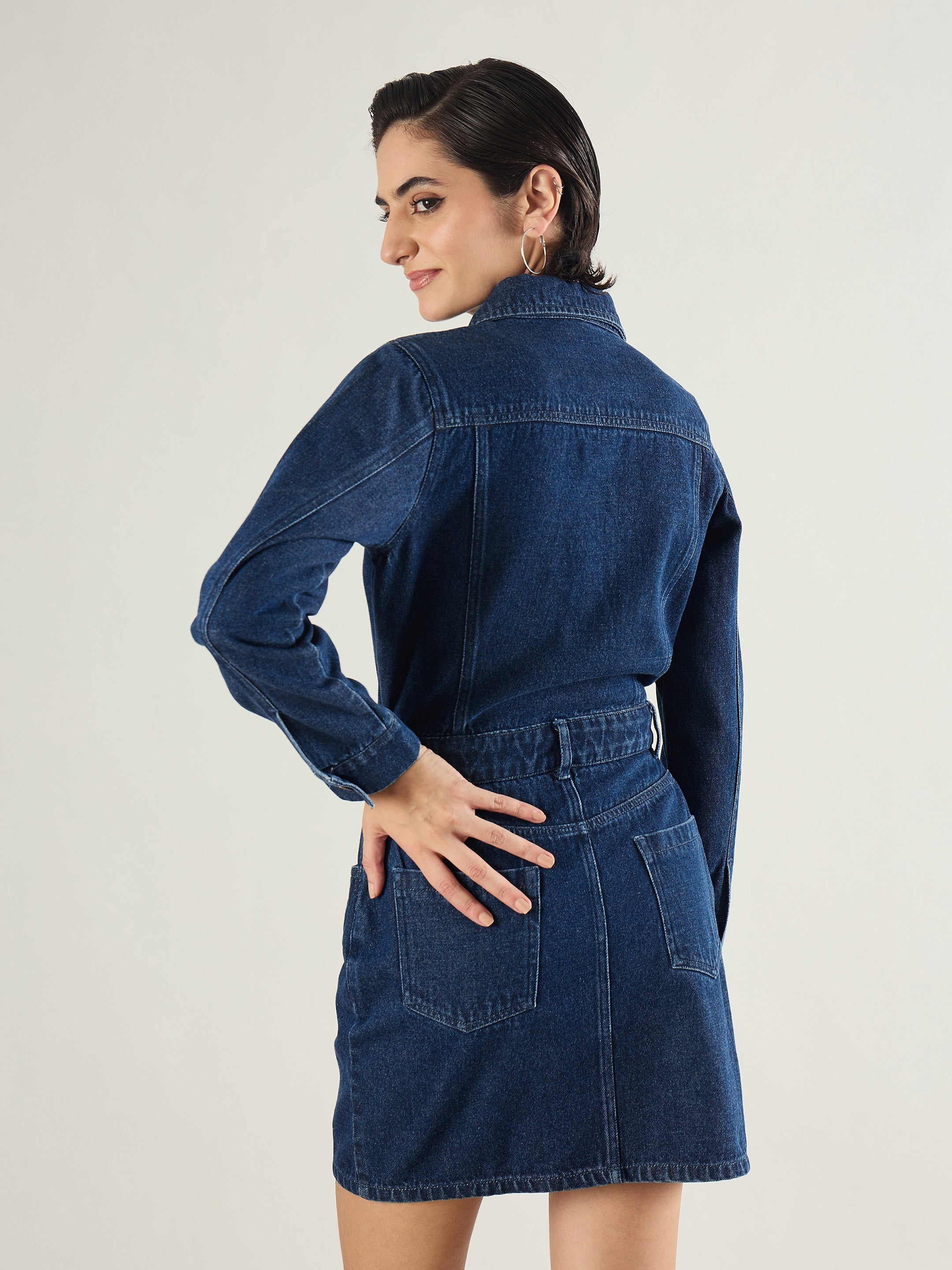 Women Blue Washed Denim Flap Pocket Short Dress-SFDRSS13240
