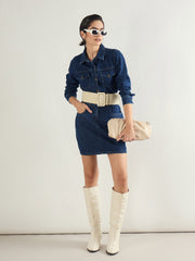 Women Blue Washed Denim Flap Pocket Short Dress-SFDRSS13240