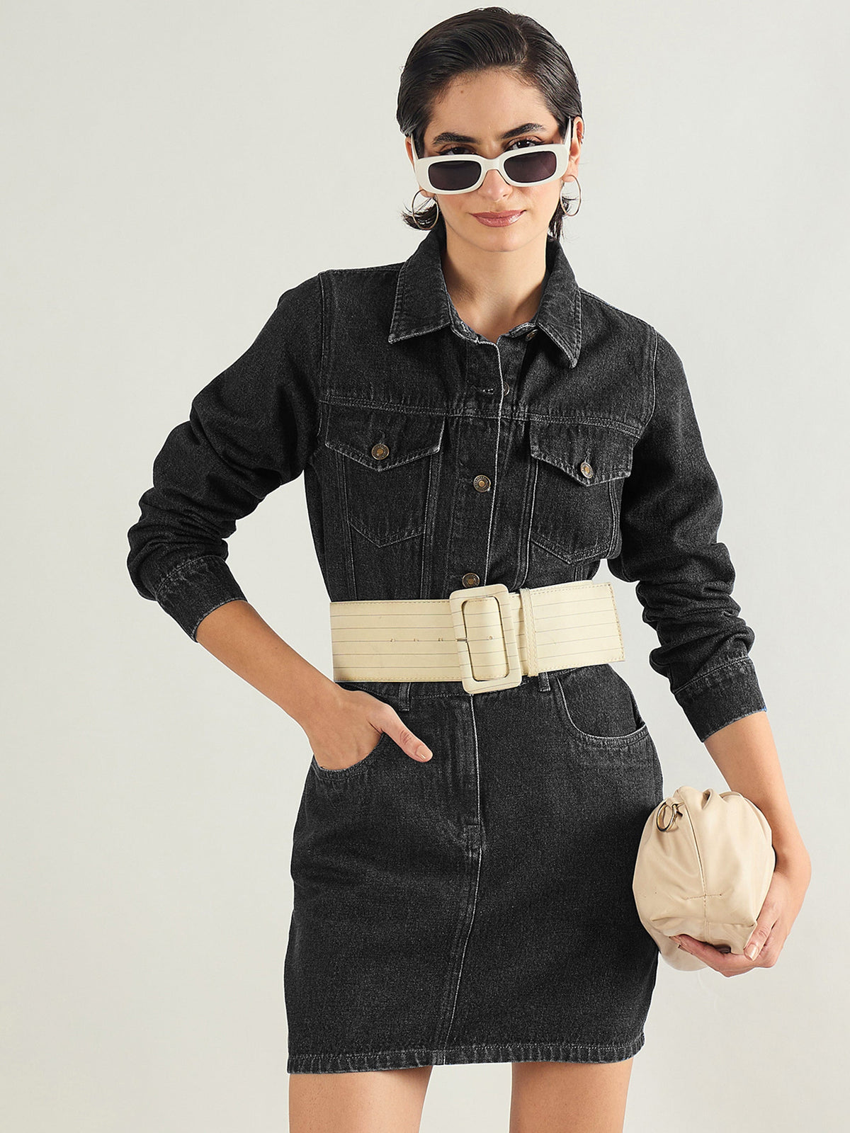 Women Black Washed Denim Flap Pocket Short Dress-SFDRSS13241