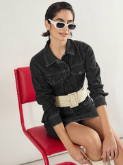 Women Black Washed Denim Flap Pocket Short Dress-SFDRSS13241