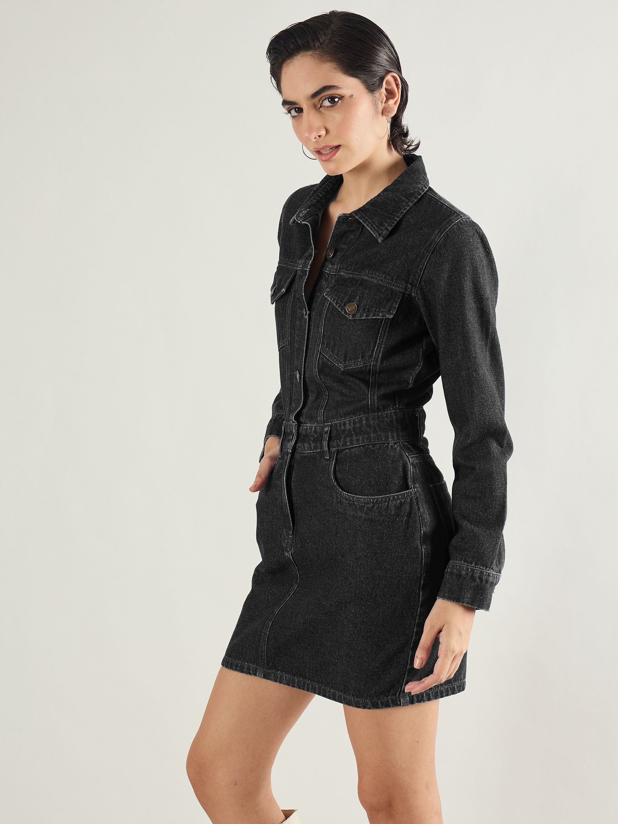 Women Black Washed Denim Flap Pocket Short Dress-SFDRSS13241