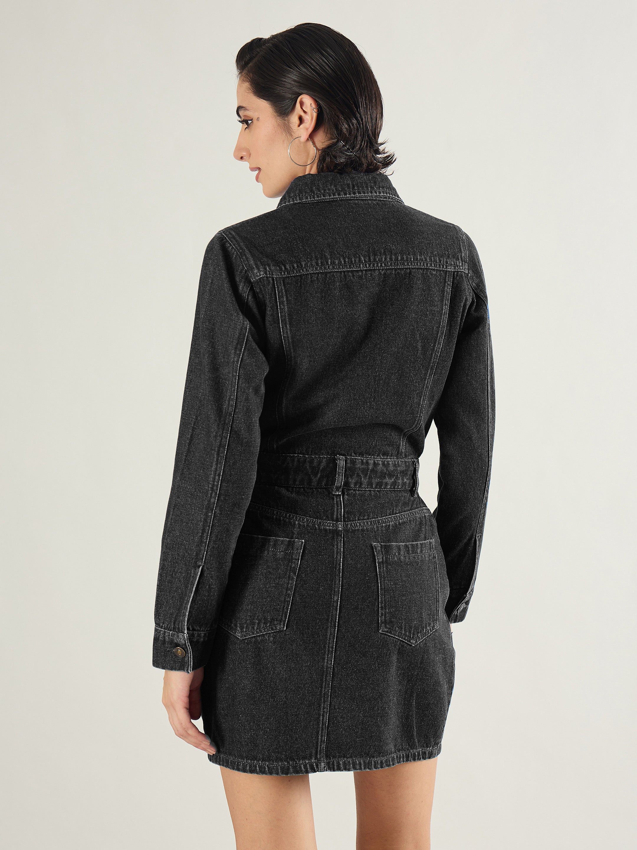Women Black Washed Denim Flap Pocket Short Dress-SFDRSS13241