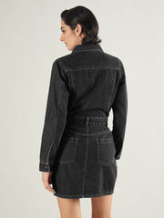 Women Black Washed Denim Flap Pocket Short Dress-SFDRSS13241