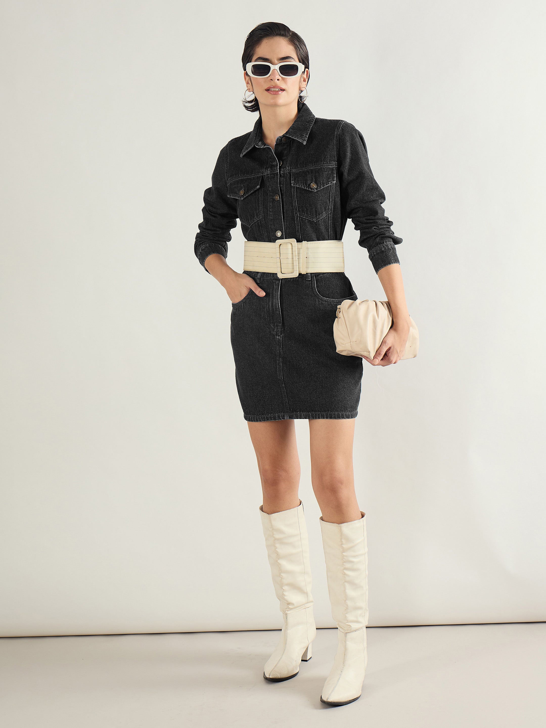 Women Black Washed Denim Flap Pocket Short Dress-SFDRSS13241