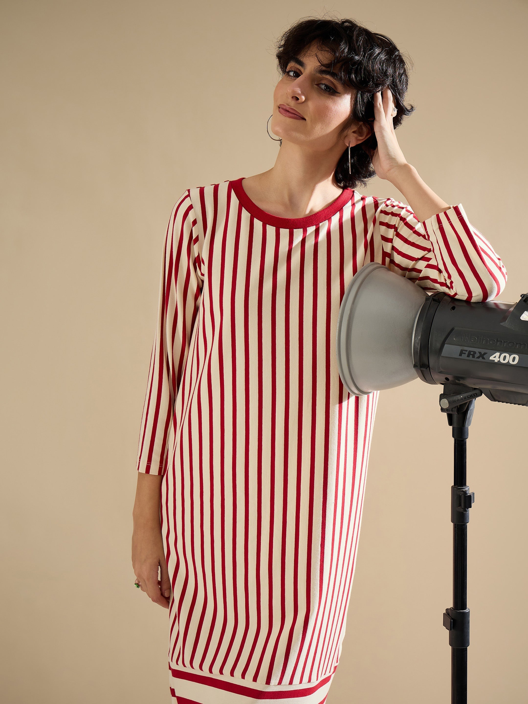 Women Red & Beige Striped T-Shirt Dress-SFDRSS13242