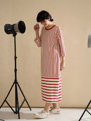 Women Red & Beige Striped T-Shirt Dress-SFDRSS13242