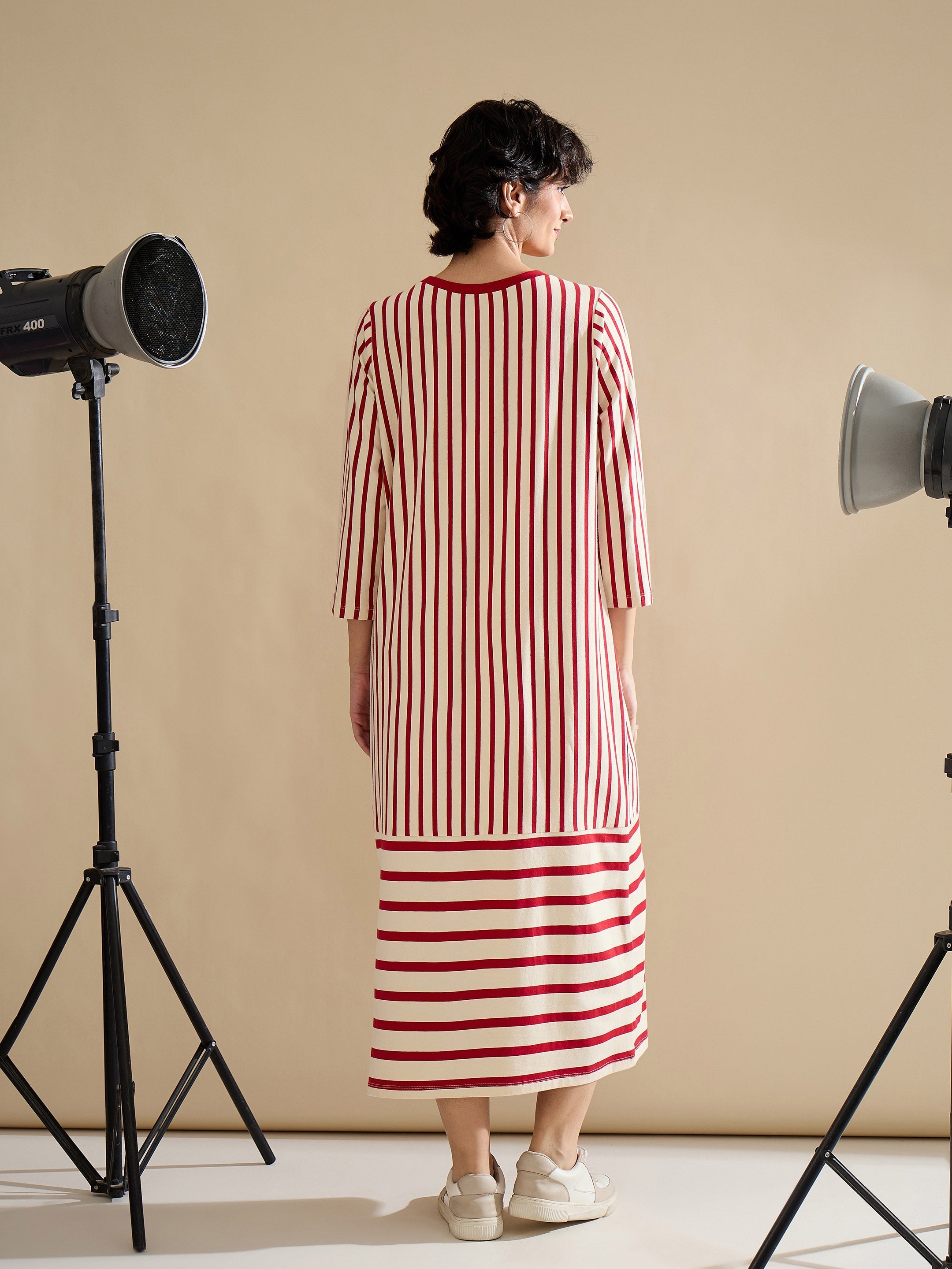 Women Red & Beige Striped T-Shirt Dress-SFDRSS13242