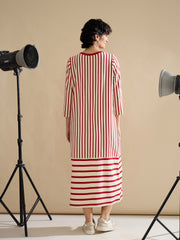 Women Red & Beige Striped T-Shirt Dress-SFDRSS13242