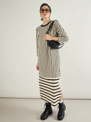 Women Black & Beige Striped T-Shirt Dress-SFDRSS13243