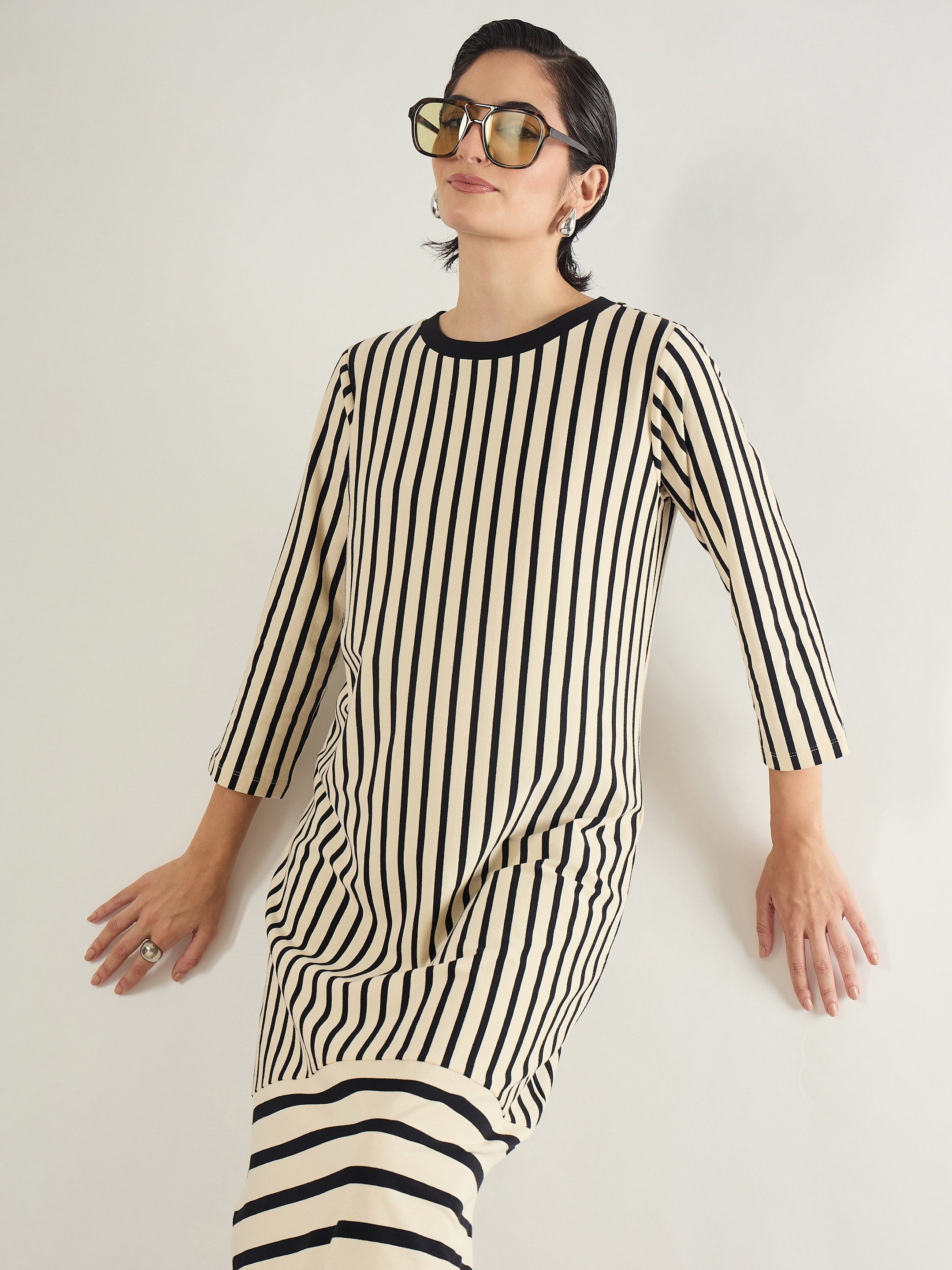 Women Black & Beige Striped T-Shirt Dress-SFDRSS13243