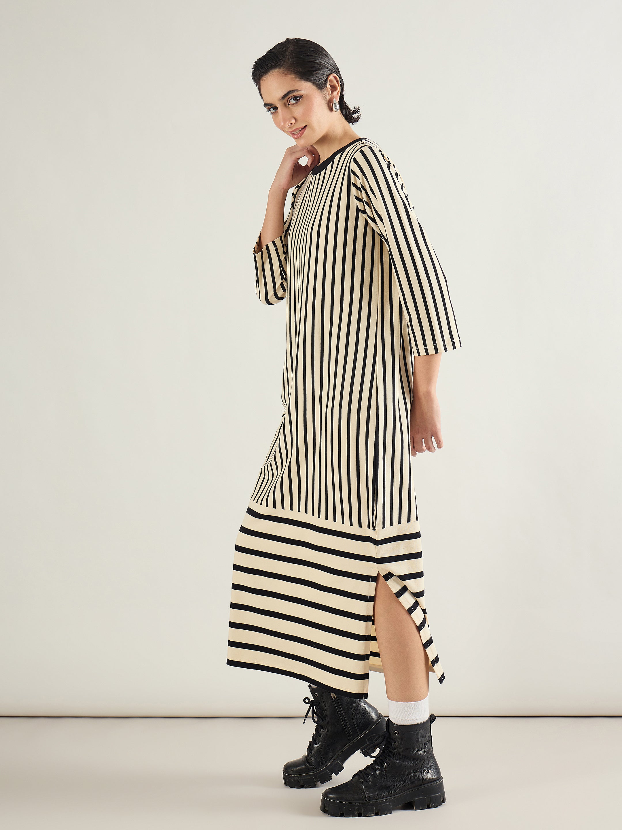 Women Black & Beige Striped T-Shirt Dress-SFDRSS13243