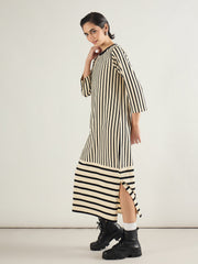 Women Black & Beige Striped T-Shirt Dress-SFDRSS13243